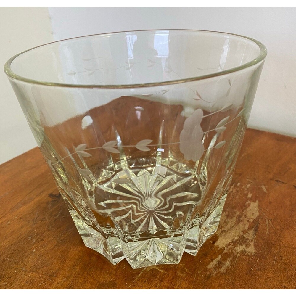 Vtg Princess House Heritage Etched Floral Thick Lead Crystal Glass Ice Bucket